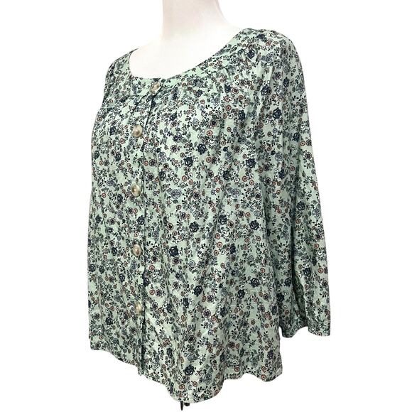 J. Jill Floral Peasant Top Blue Feminine Boho Cotton Button Up Womens Petite L - Picture 2 of 7